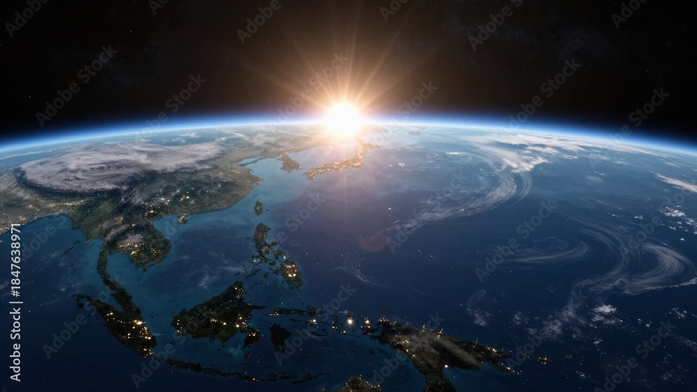 Fototapeta premium Sunrise over Earth's horizon, illuminating continents and oceans from space