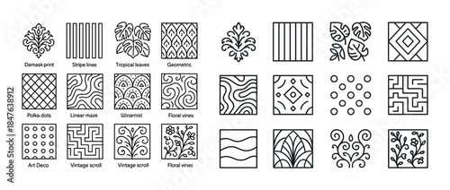 Collection of decorative patterns featuring damask, stripes, tro
