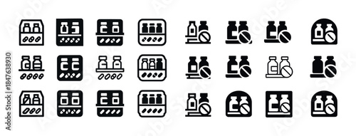 Medication icons set: bottles and pills in various styles
