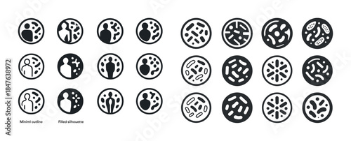 Set of circle bacteria icons in minimal outline and filled silho