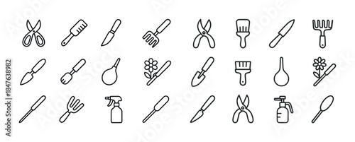 Outline icons of various gardening tools including rakes and she