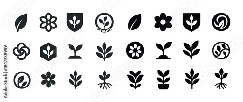 Collection of minimalist plant and leaf icons for nature and org