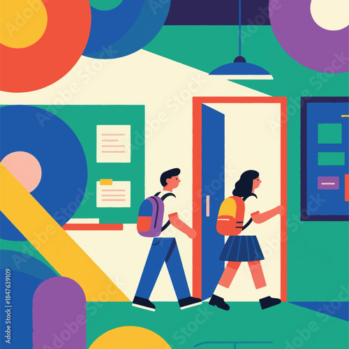 Illustration Of Students Entering The Classroom Carrying Backpacks Vector Design Template