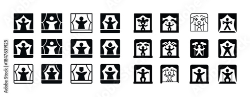 Silhouette icons depicting people performing behind curtains in