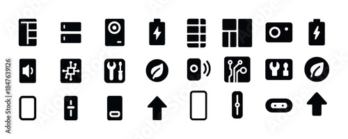 Collection of black electronics and technology icons including c
