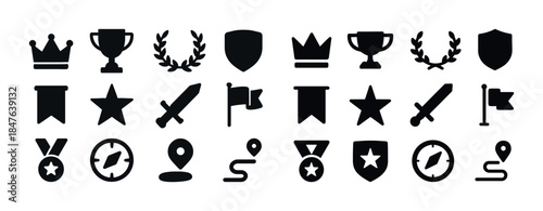 Collection of black silhouettes: crowns, trophies, shields, star
