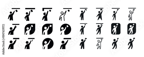 Diverse icon set of people reaching high shelves in various styl