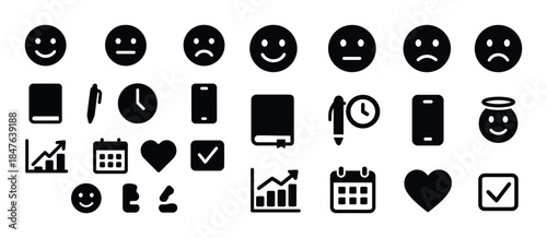 Emoji faces and office icons set: emotions, devices, and station