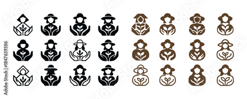 Stylized gardeners icons in black and brown: variety of outlines