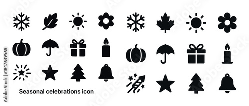 Seasonal celebration icons: weather, nature, holidays, gifts, fe