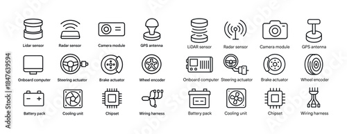 Autonomous vehicle components icons: sensors, computers, chips,