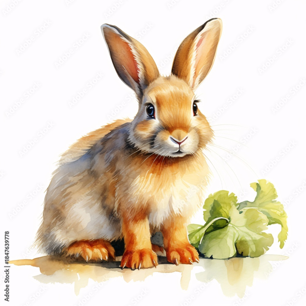 Fototapeta premium Adorable bunny sitting next to green leaves in watercolor painting style