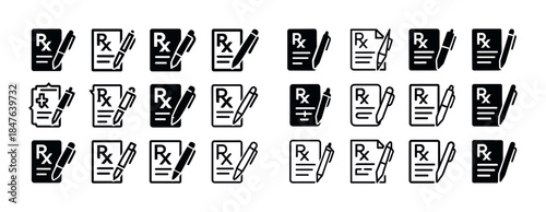 Set of medical prescription icons with rx symbol and pen