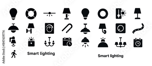 Collection of smart lighting icons in black and white