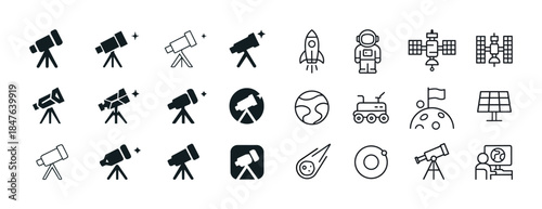 Space exploration icons: telescope, rocket, astronaut, satellite