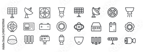 Set of solar, satellite, and tech icons in outline style