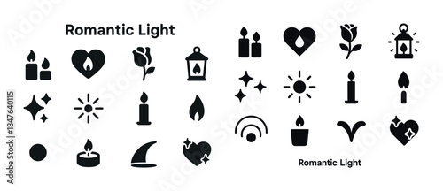 Romantic light icon collection: candles, hearts, roses, lanterns