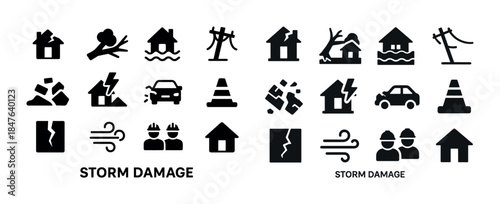 Storm damage icons: homes, trees, power lines, floods, repairs