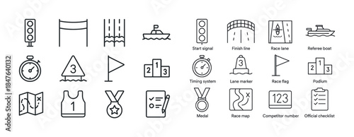 Marathon race symbols: finish line, stopwatches, race flags, med
