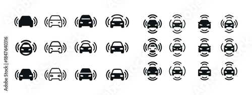 Autonomous car icons with sensor waves in multiple styles