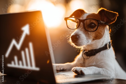 Bright morning with a tech-savvy pup. Dog at desk. Business metrics rise steadily through thoughtful innovation. Dog internet. Growth indicator charts.