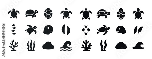 Turtle and sea icon set: marine life, waves, coral, nature symbo