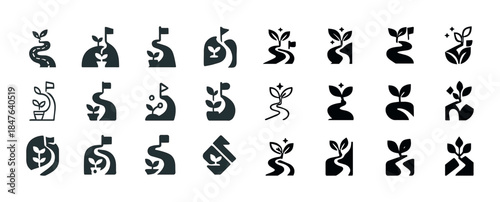 Set of 24 minimal growth and pathway icons with leaf motifs