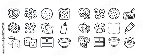 Assorted snack and spices icons in black and white line art