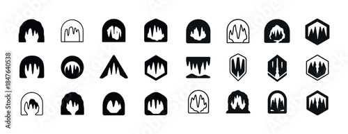 Collection of 24 unique cave icon designs in simple black and wh