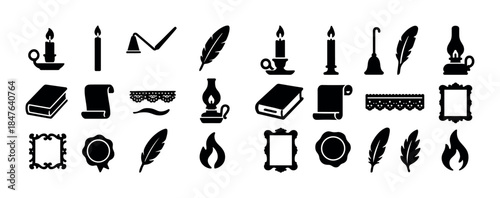 Vintage writing and lighting icons: quill, candle, lamp, seal, b