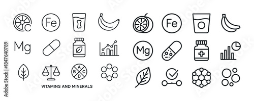 Vitamin and mineral icons set featuring capsules, fruits, and ch