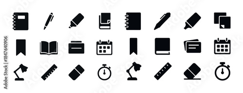 Black and white office supply icons: notebook, pen, calendar, la