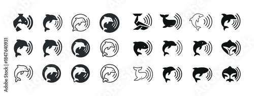 Orca and dolphin symbol set with sound wave elements in black an