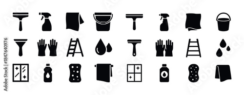 Cleaning icons: tools and supplies collection in black silhouett