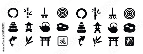 Zen symbol collection: bamboo, stones, koi, pagoda, harmony