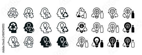 Sustainability icons: recycling, ideas, nature, and energy in bl