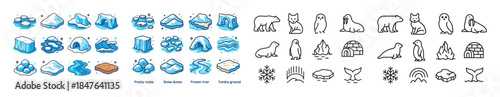 Arctic icons: icebergs, snowflakes, seals, igloos, penguins in v