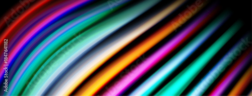 Bright colorful lines sweep across black background. Vivid hues create dynamic abstract visual effect. Smooth gradients offer modern aesthetic.