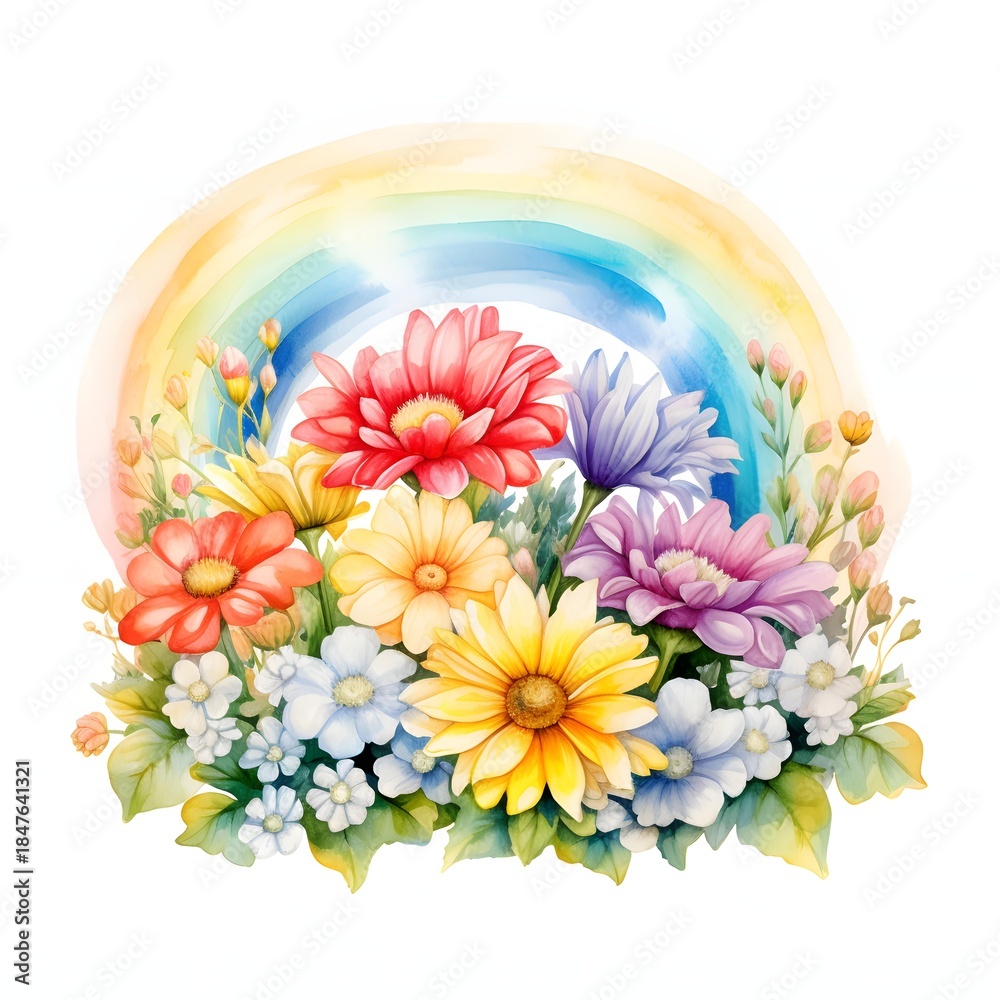 Obraz premium Watercolor painting shows colorful flowers arranged beneath an arched rainbow on a white background