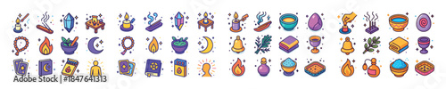 Colorful ritual icons set featuring candles, incense, and mystic