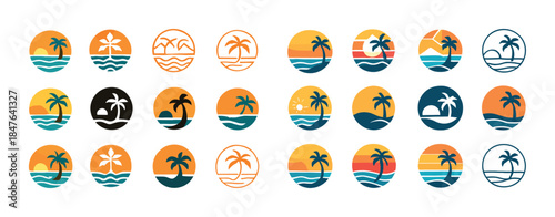 Collection of sunset beach icons featuring palm trees and ocean