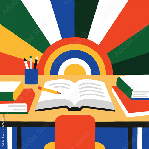 Illustration Of A Top View Of A Student's Study Table, Open Book, Stationery Spread Out Vector Design Template