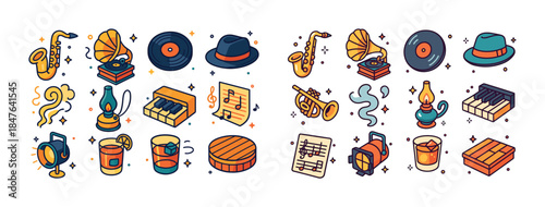 Vintage music icons: instruments, records, hats, drinks, notes,