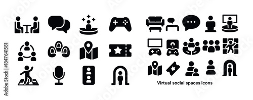 Black icon set illustrating virtual and social spaces concepts