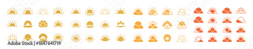 Sunset and sunrise icon set in yellow and orange tones