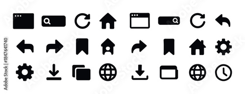 Set of 24 black interface icons including arrows, search, home,