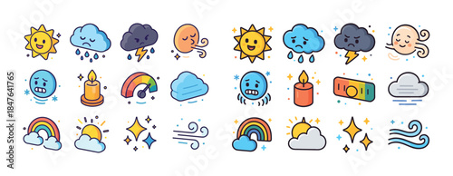 Colorful weather icons featuring sun, clouds, rain, wind, and ra