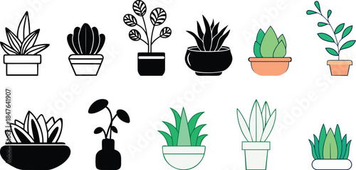Flat Vector Potted Plant Icon Set Minimalist Indoor Houseplant Illustrations