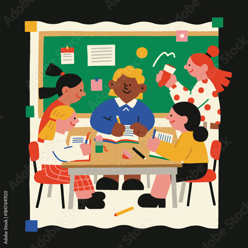 Illustration Of An Inclusive Classroom Atmosphere, Students With Different Styles And Activities Vector Design Template