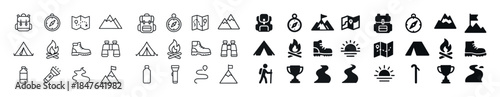 Outline icons of hiking: compass, map, tent, boots, mountains, a